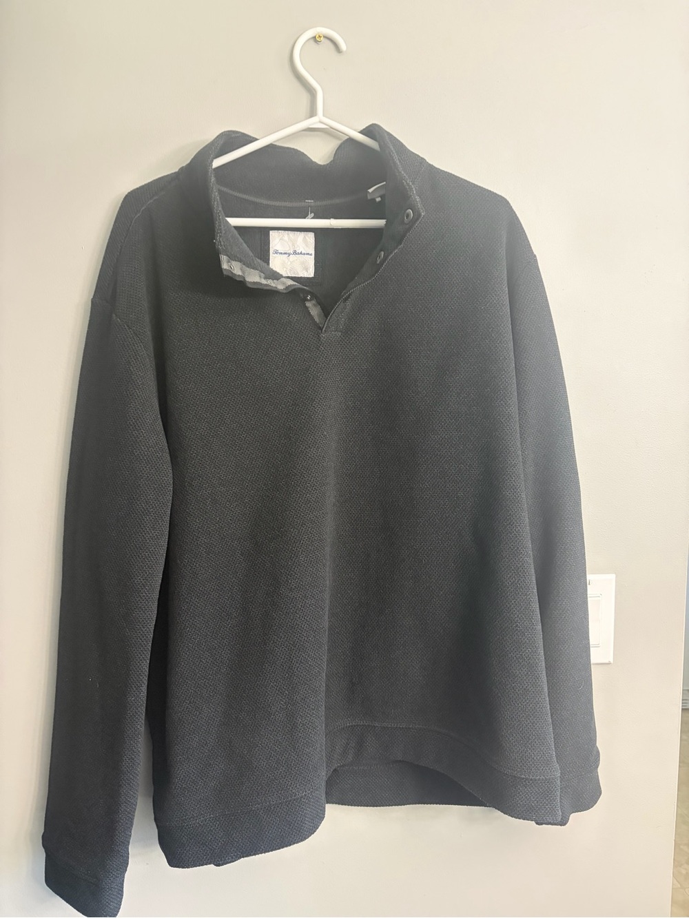Tommy Bahama Men's Black Fleece Pullover Button-Neck Sweater